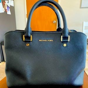Michael Kors Savannah Medium Leather Satchel (Black with Gold Zippers)
